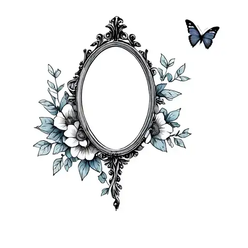 A Broken Old Style Mirror With Flowers And Butterfly Around It