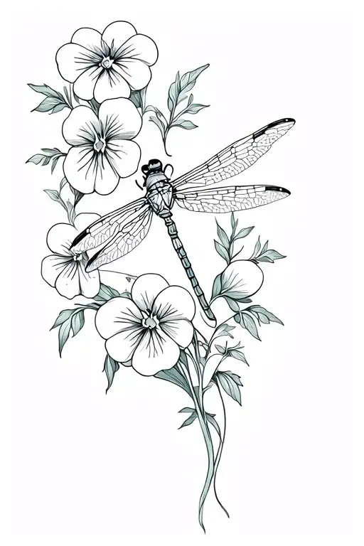 Lineart Of A Dragonfly With Pansy Flowers
