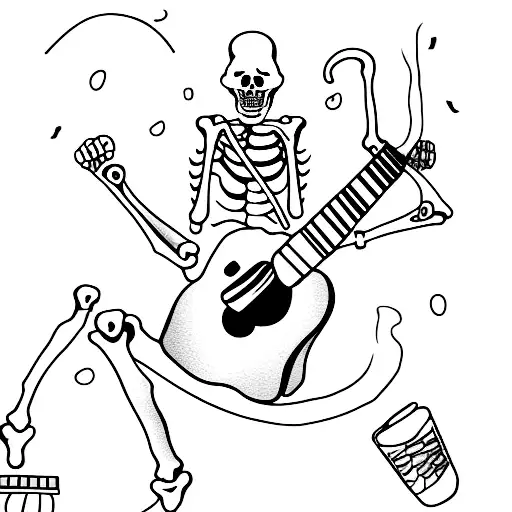 Skeletons Around A Campfire Drinking Beers And Playing Guitar