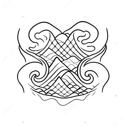 A Stylized Wave Merging With A Mountain Silhouette