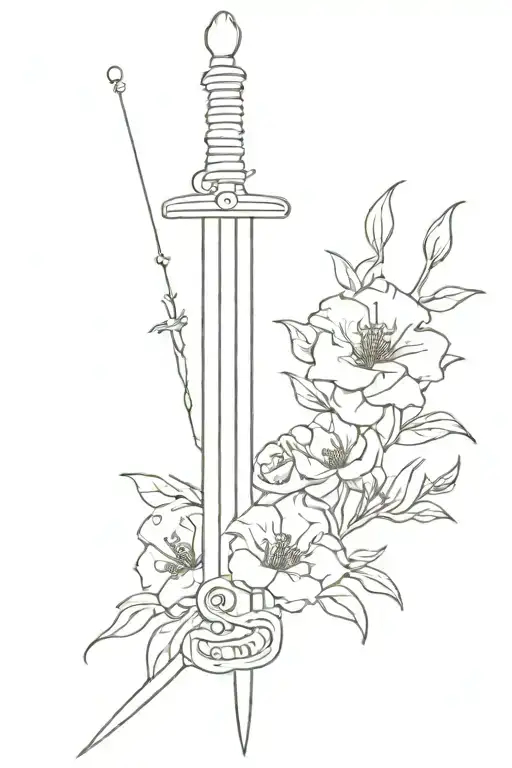 Pirate Sword Spine Tattoo With Flowers