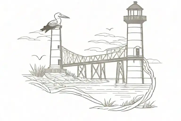 Port Isabel Lighthouse And Bridge With Pelican