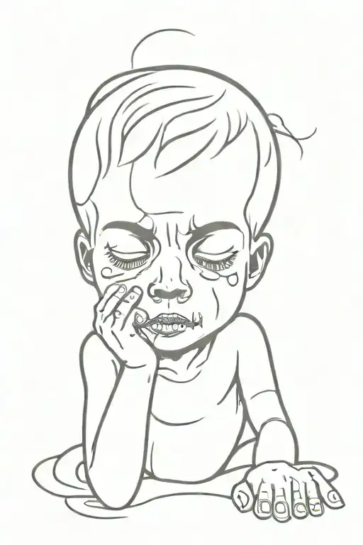 Cowaring Child Crying Tears Flowing Turn Into A Skull With Thick Bold Lines