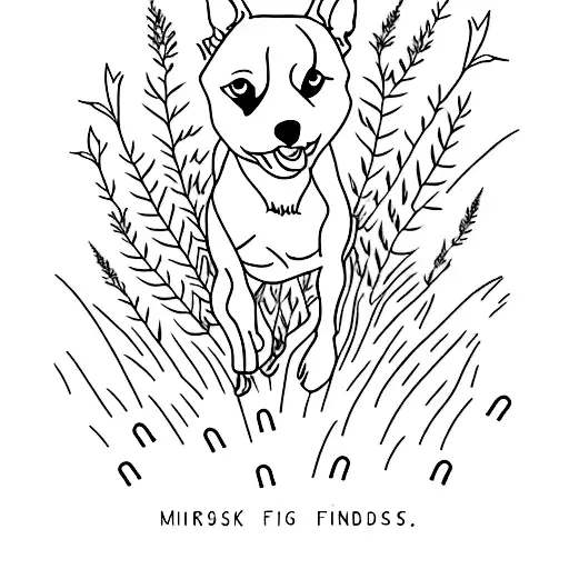 A Minimalist Tattoo Of A Dog Running Happily Through A Field Of Wildflowers In A Forest
