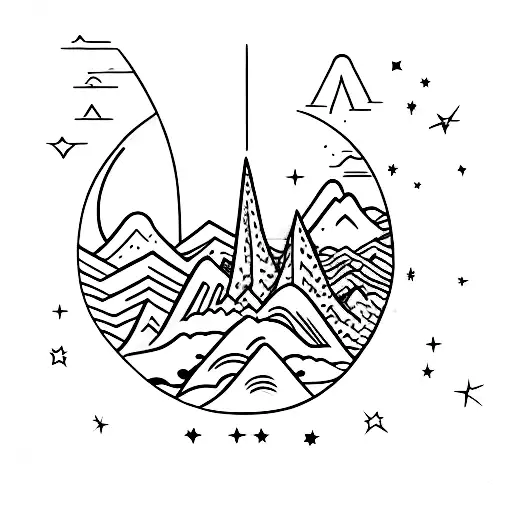 M Shaped Mountain C Shaped Moon Two Stars Above Mountain One Bigger Than The Other