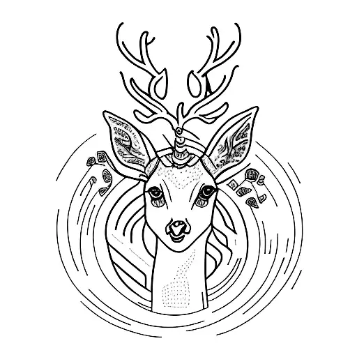 A Minimalist Tattoo Of A Majestic Deer Surrounded By Ethereal Spirits