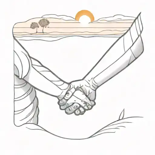 Mom And Son Holding Hands Looking At Sunset Scene