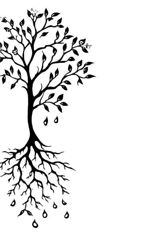 Tree With Leaves And Roots And Blossoms Falling