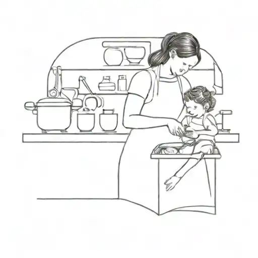 A Blackwork Tattoo Of A Mother And Child Baking Together In A Kitchen