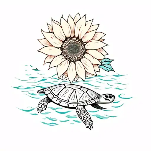 Sunflower And Turtle With The Sea