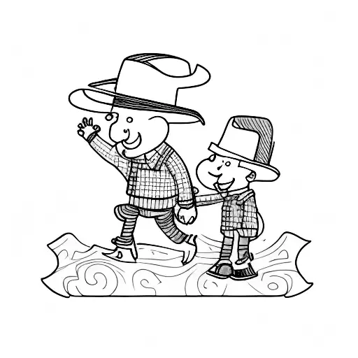 Realistic Tattoo With Cartoons Elements Of A Little Boy Riding A Horse And A Grandpa Near To Him