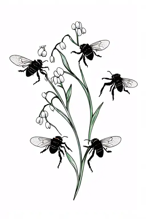 Three Bees Flying Around Lily Of The Valley