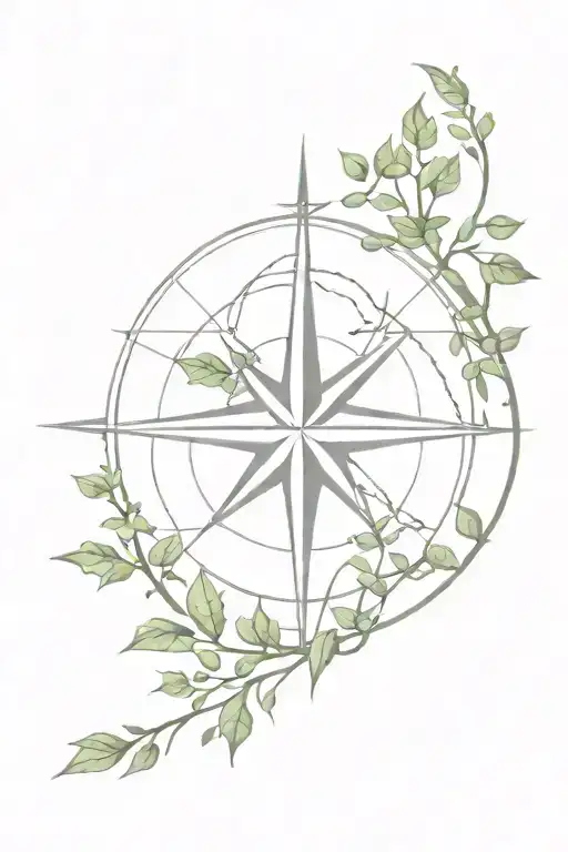 Compass Rose Wrapped In Vines And Leaves That Are Growing Downward