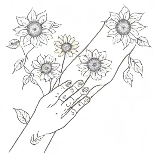 A Minimalist Tattoo Of A Mother And Daughter Holding Hands Surrounded By Sunflowers And Bees