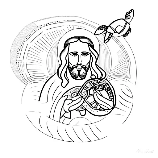 A Minimalist Tattoo Of Jesus With A Turtle And A Watch