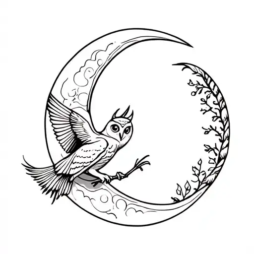 Crescent Moon With Owl Flying