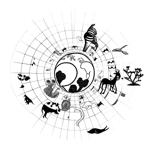 A Minimalist Tattoo Of A Globe With Animals From Different Countries Forming A Musical Band