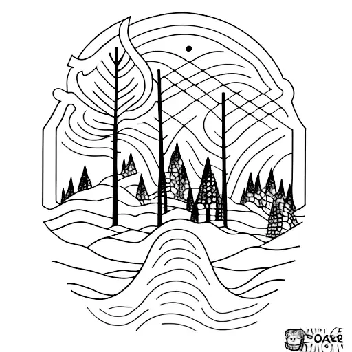 A Dotwork Tattoo Of A Winding Hiking Trail Leading Into A Foggy Forest