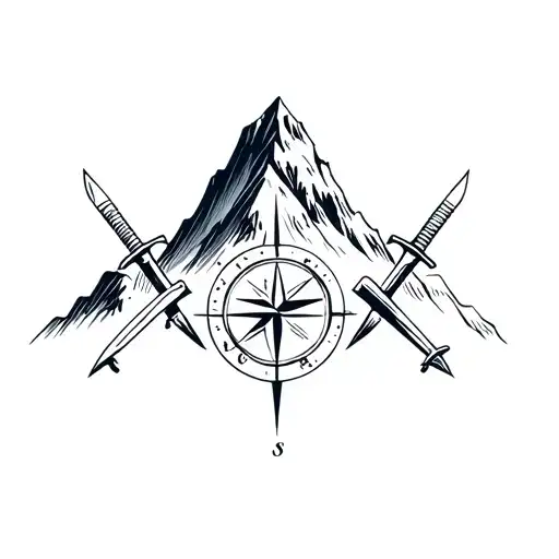 A Mountain Peak With A Compass And Two Swords Meeting