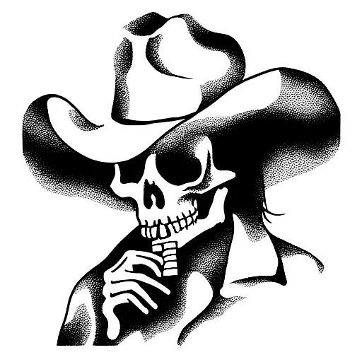 Skeleton In Cowboy Hat Drinking Coffee