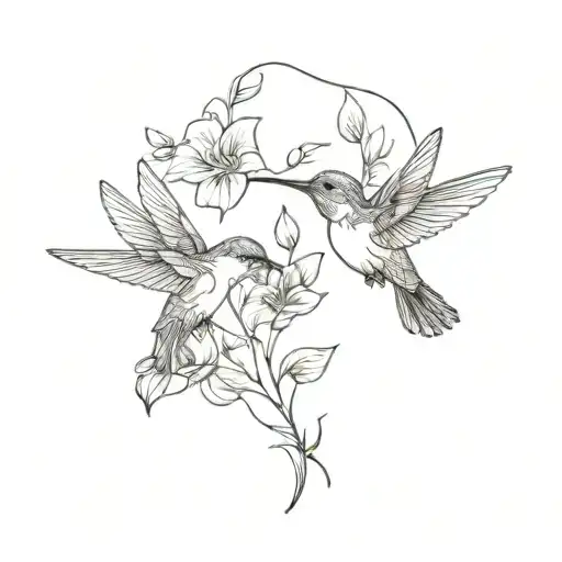 Two Hummingbirds Surrounded By A Vine With Violets