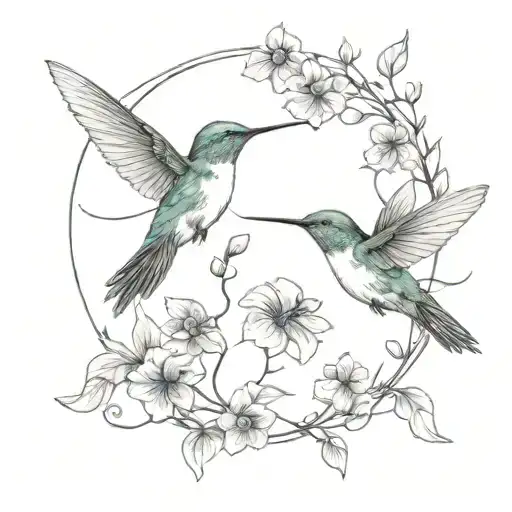 Two Hummingbirds Forming The Shape Surrounded By A Vine With Violets