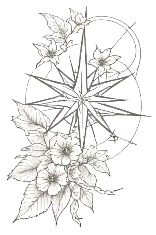Star Compass Drawing With Leaves And Flowers Going Down The Arm