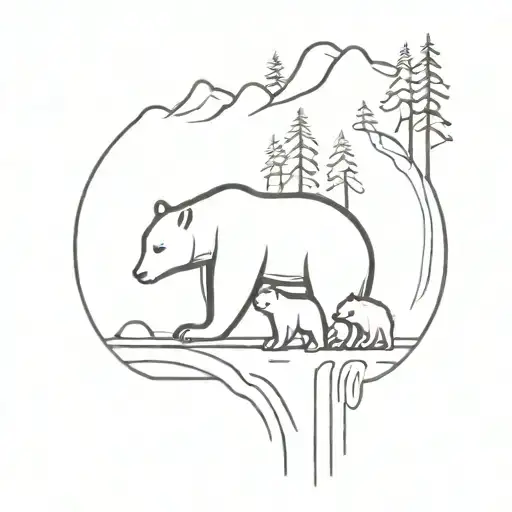 A Minimalist Tattoo Of A Bear Family Playing Near A Waterfall