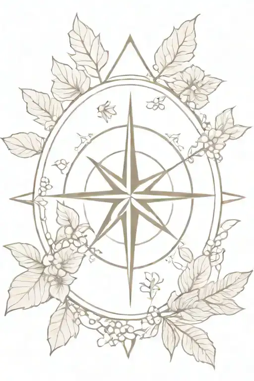 Compass Rose Surrounded By Leaves And Flowers