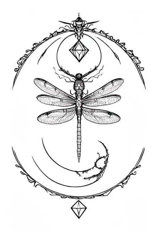 Dragonfly With Moon Phasees Under Her And Little Dragon And Knife And Diamond