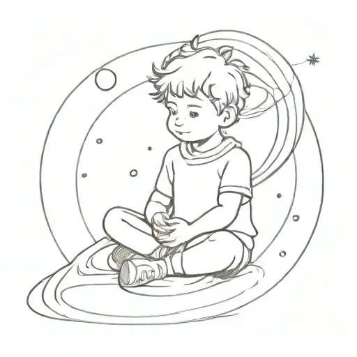 Little Prince Sitting On The Saturn's Rings With The Solar System