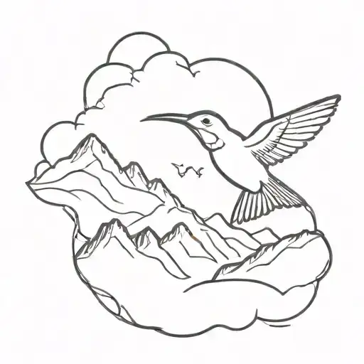 A Minimalist Design Of A Hummingbird And Hawk Flying Together Over A Mountain Range