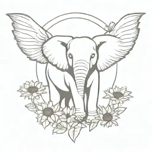 Elephant With Wings Surrounded With Sunflowers