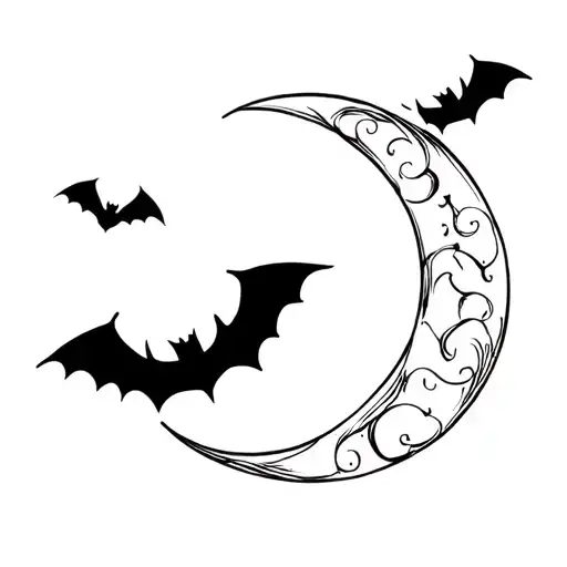 Crescent Moon With Bats Flying