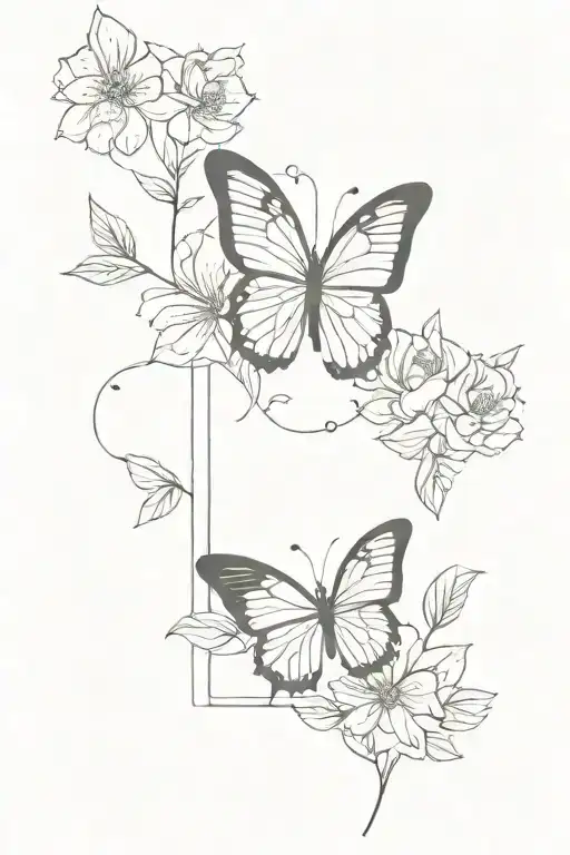 Butterfly At The Top With Flowers Leaves And Black Petals Floating In Straight Vertical Line