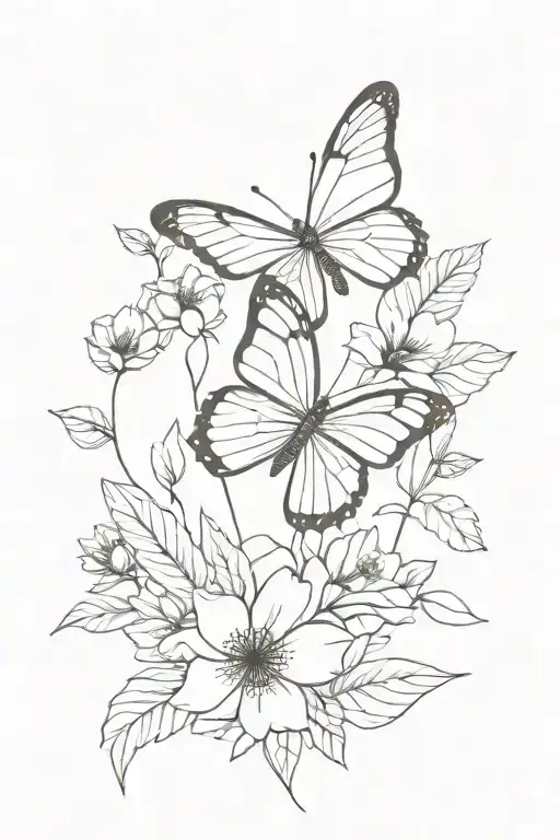 Butterfly At The Top With Flowers Leaves And Black Petals Floating