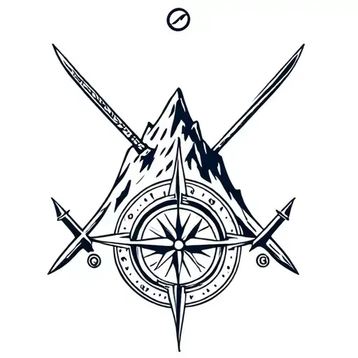 A Mountain Peak With A Compass And Two Swords