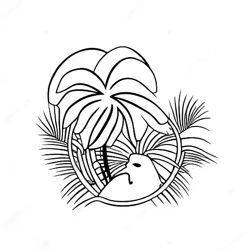 A Minimalist Tattoo Of An Ox Resting Under A Palm Tree On A Serene Island