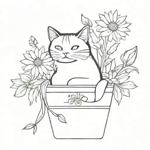 Tuxedo Cat In A Flower Pot Of Daisies