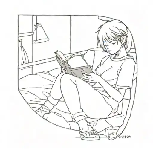 A Minimalist Tattoo Of An Anime Character Reading A Book In A Cozy Sleeping Nook