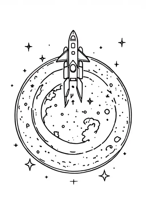 Spaceship Traveling Between The Earth And Moon Surrounded By Stars