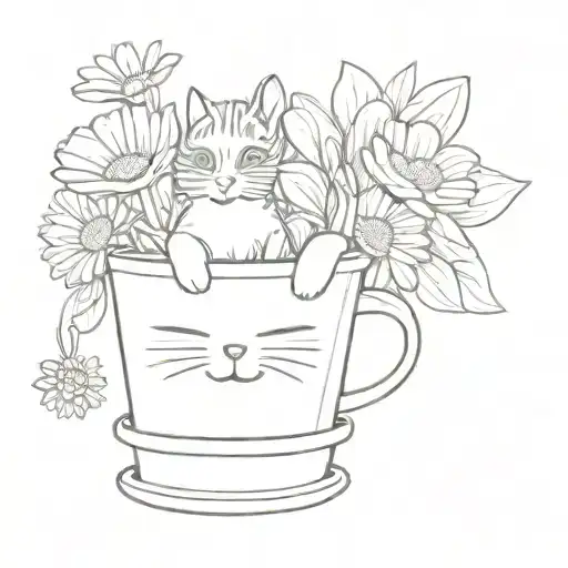 Tuxedo Cat In A Flower Pot Of Daisies