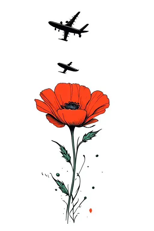 Poppy Flower With An Airplane Flying