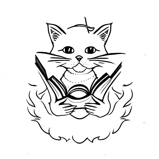 A Gothic-inspired Tattoo Featuring A Cat Reading A Book In Front Of A Medieval Castle