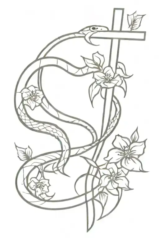 Snake And Cross And Flowers Tattoo Side Neck