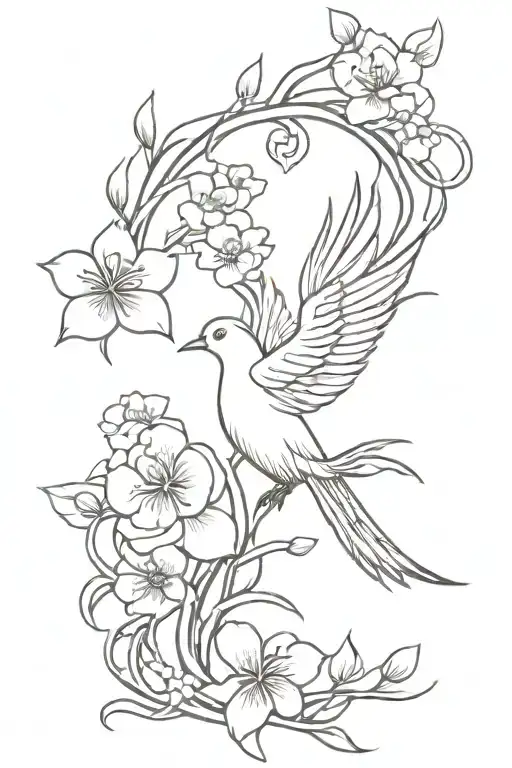 Pheonix And Koi Fish With Cherry Blossom Flowing Through The Background