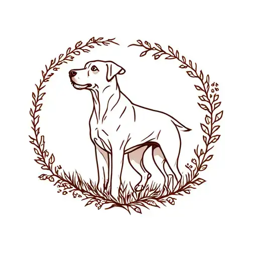 A Minimalist Tattoo Of A Viszla Dog Surrounded By Nature Elements