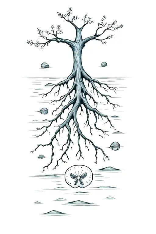 Gemini Shaped Tree Trunk Roots Reaching Deep Water With Sand Dollar N Shells
