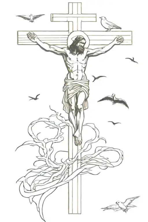 Jesus On The Cross With The Two Other Crosses And The One Of The Left Has Birds Flying Twords It