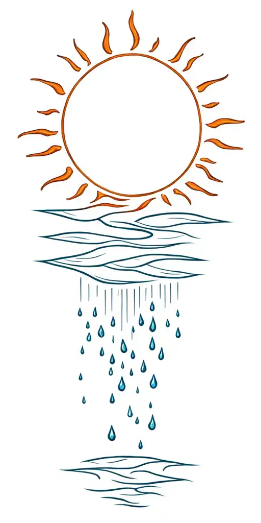 A Sun Melting Into A Waterfall That Turns Into Rain Drops